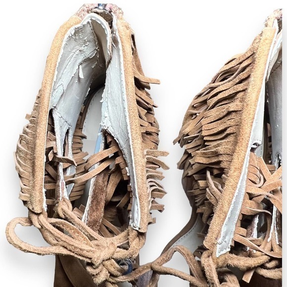 Steve Madden Womens Shay Sandal High Heel Shoes Brown Suede Fringe Tassel Zip 8M - Picture 7 of 11